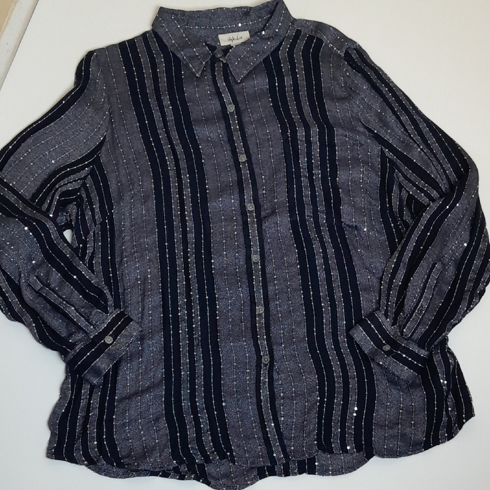 Style & Co. Black and Gray Striped Button Down Shirt